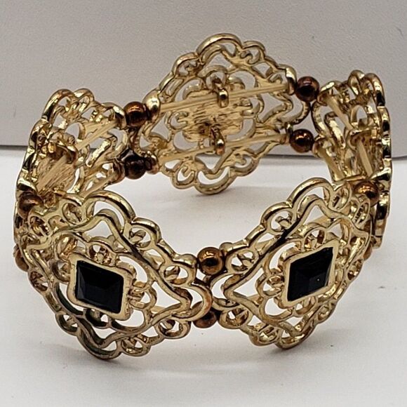 Vintage Costume Tigers Eye Tear Drop Necklace Earring Set & Black Gold Bracelet - Picture 8 of 13